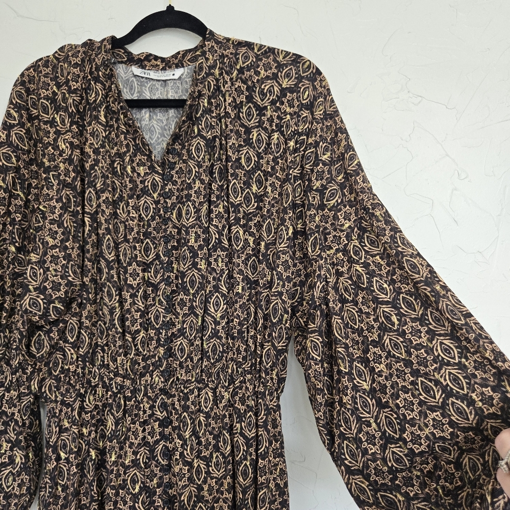 Zara Button Front Patterned Gold Black Dress, M - image 7